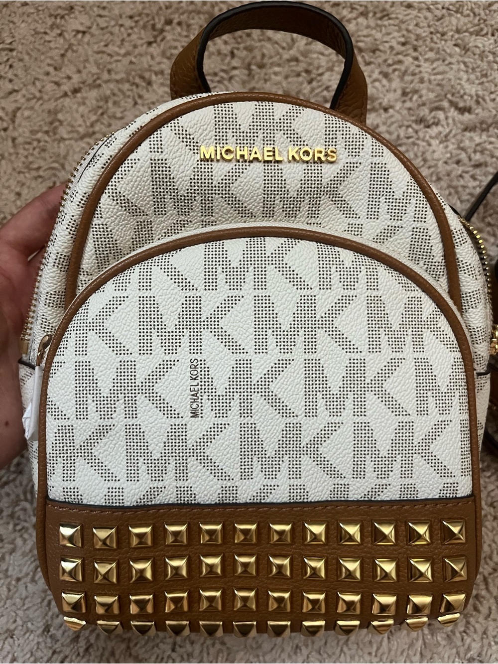 Michael Kors White/Tan MK Logo Mini Backpack with Gold Studs - Picture 3 of 4